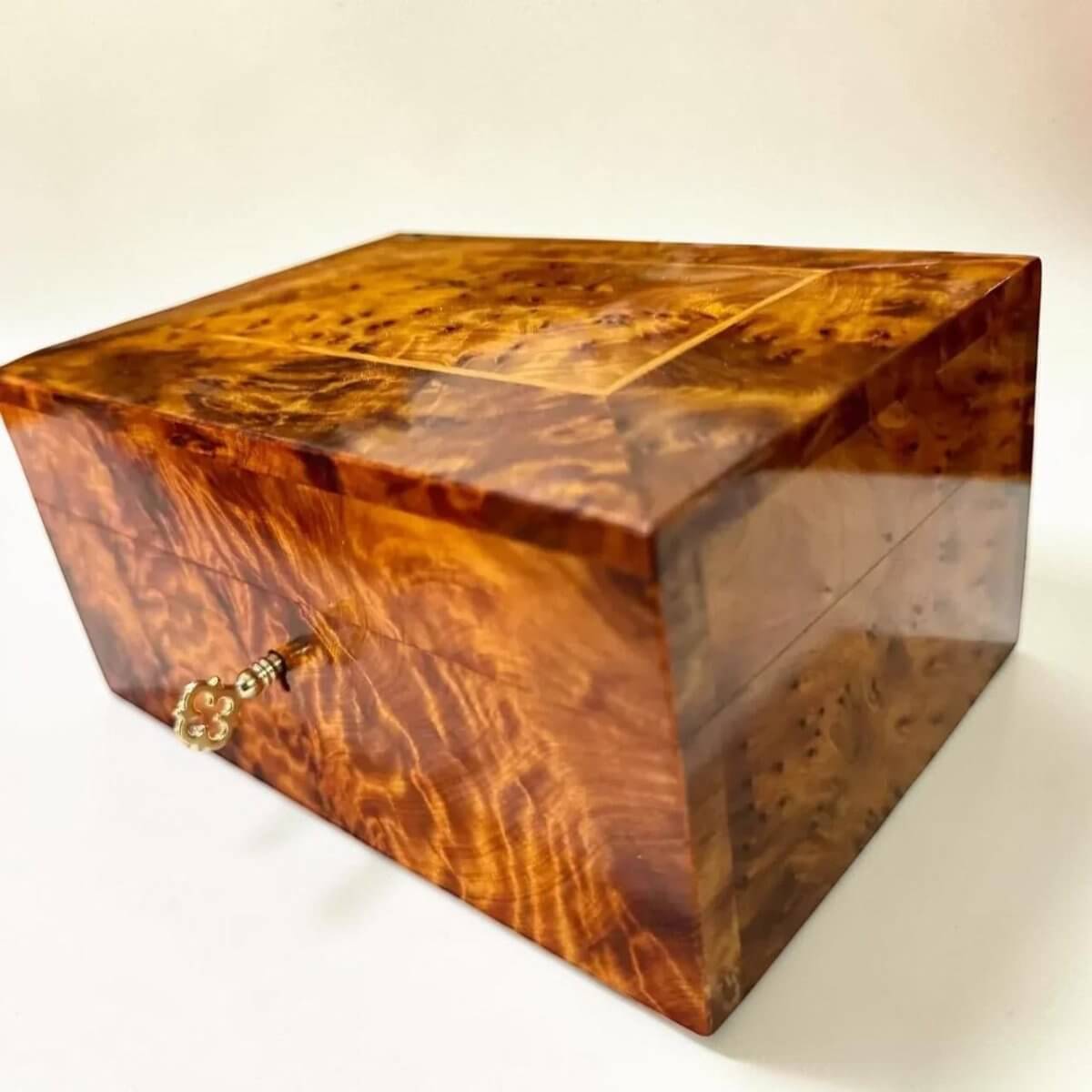 Wooden Memorial Keepsake Box – Handmade Moroccan Thuya, crafted from rich Thuya burl wood with gold lock.