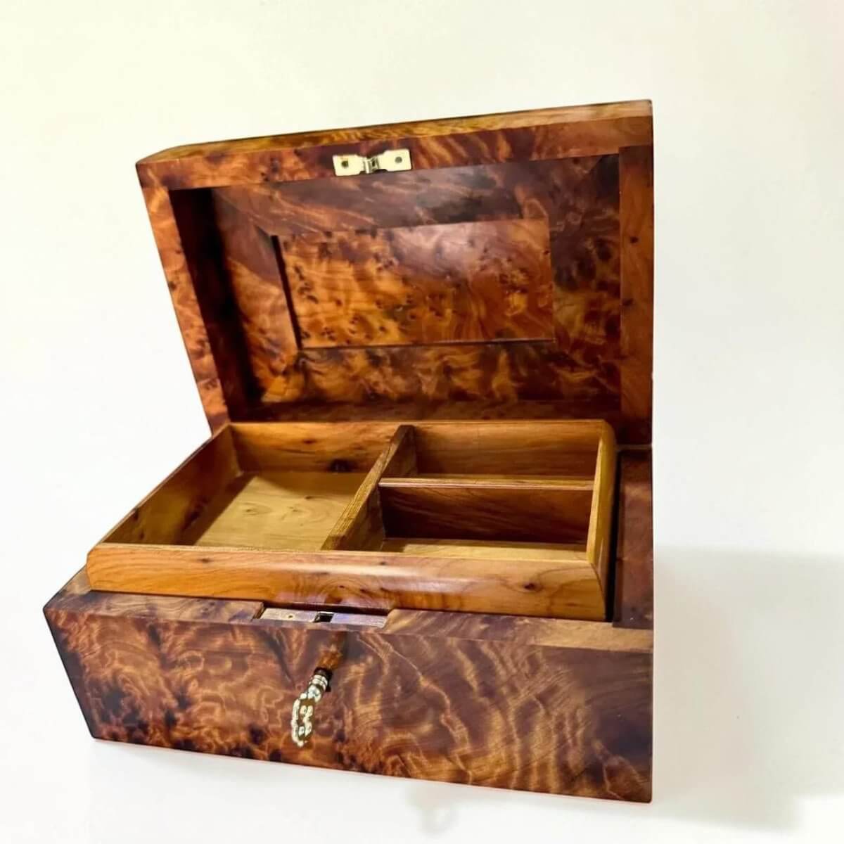 Wooden Memorial Keepsake Box – Handmade Moroccan Thuya, featuring intricate Thuya burl wood and inner compartments for jewelry.