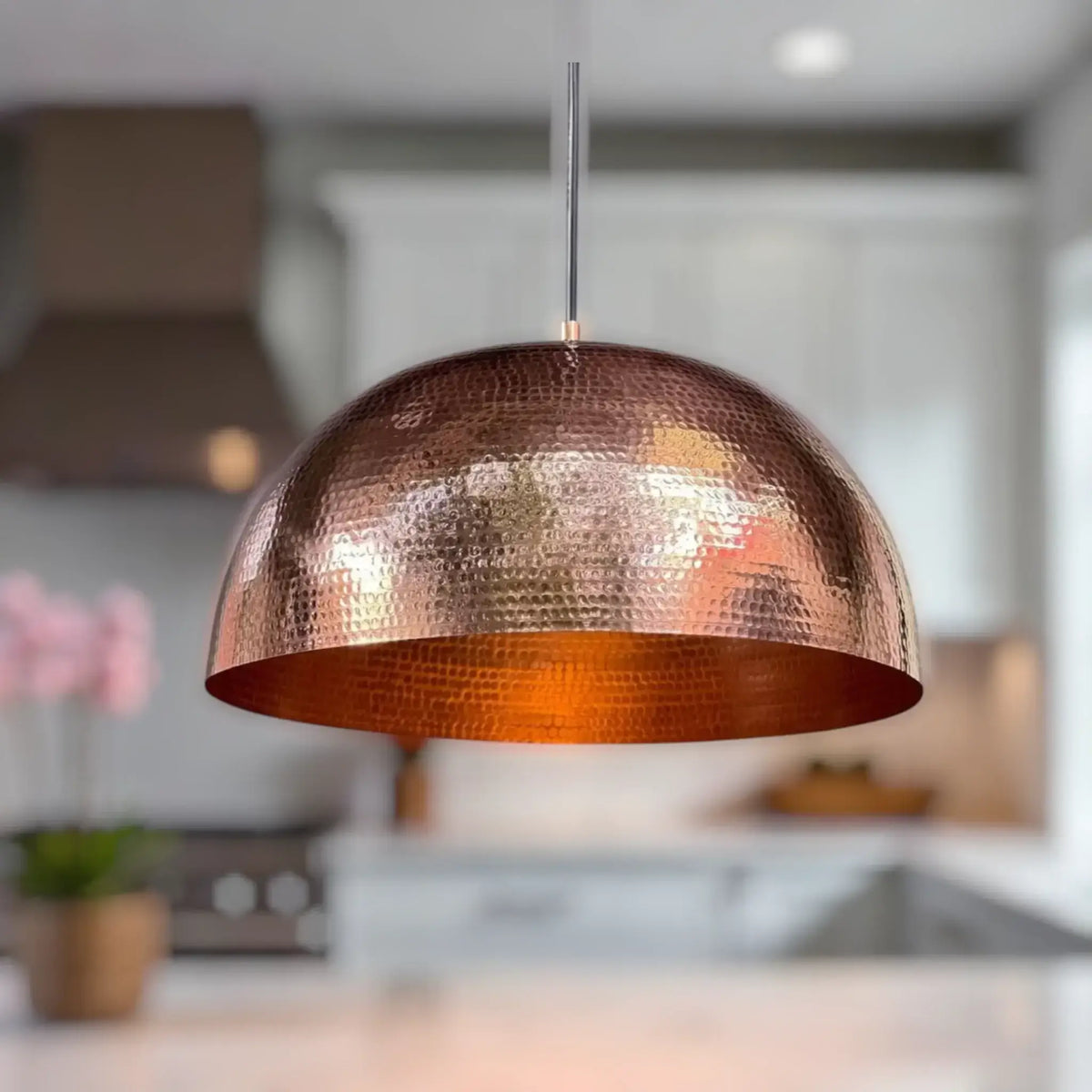 Handmade hammered copper dome pendant light by Coppera Studio