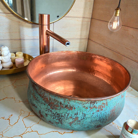 Handmade Green Patina Copper Vessel Sink – Moroccan Basin