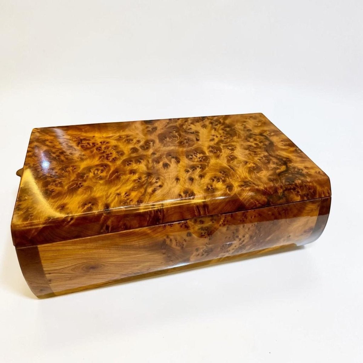 Handmade wooden jewelry box made from Moroccan Thuya burl with brass lock
