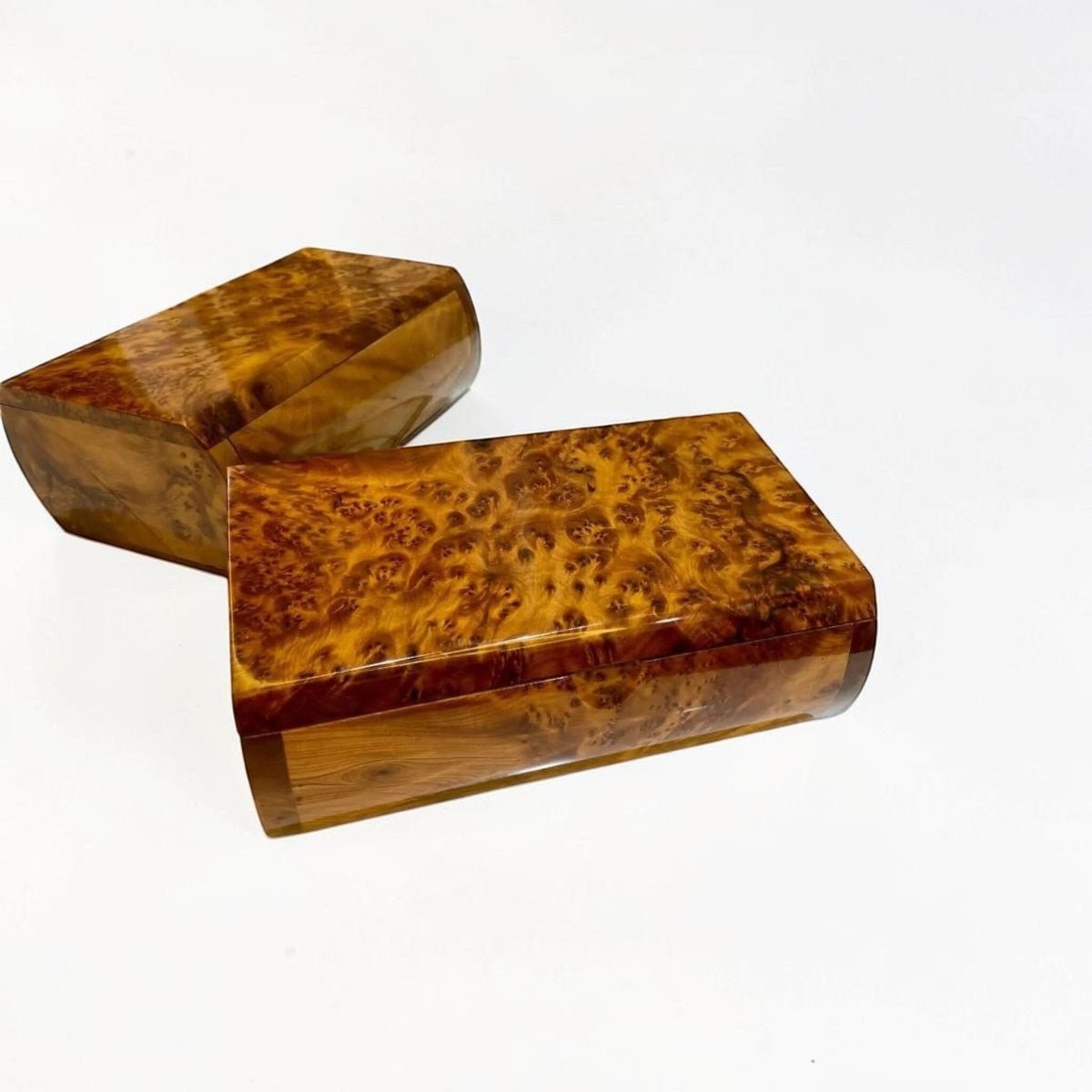 Moroccan Thuya burl keepsake box with polished finish and divided storage