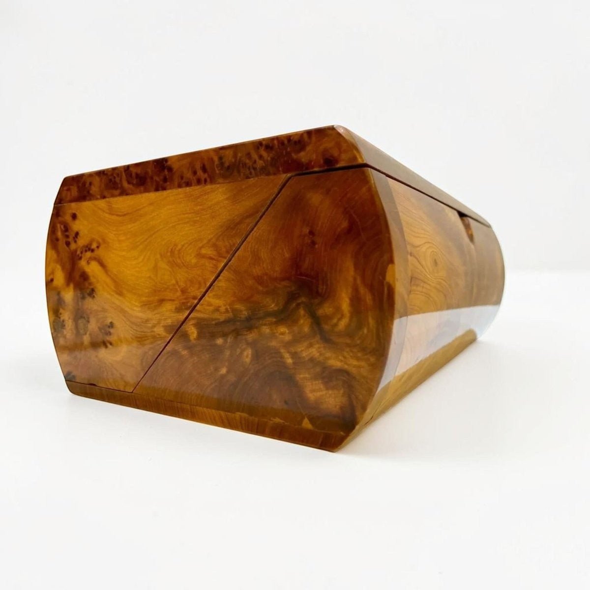 Moroccan handmade wooden jewelry box with brass lock and natural burl grain