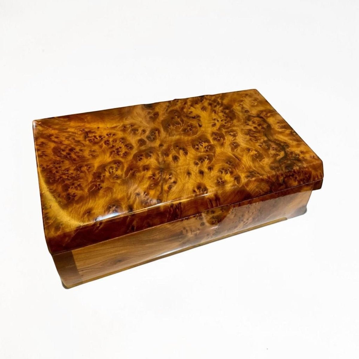 Thuya burl wood box with polished swirling grain and handmade Moroccan finish