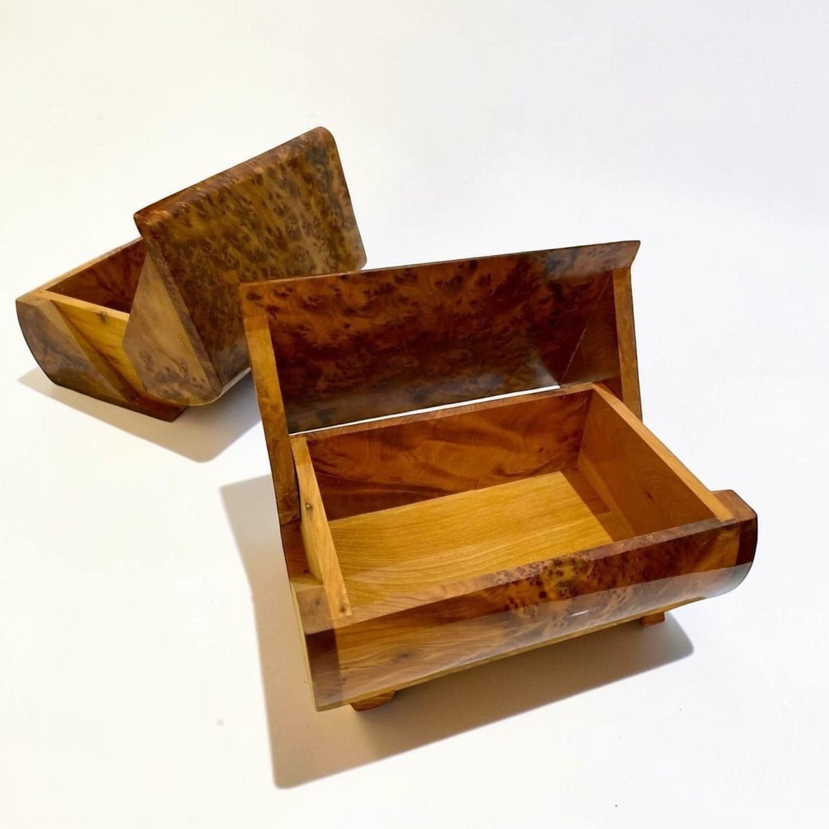 Moroccan handmade wooden jewelry box with brass lock and organized interior