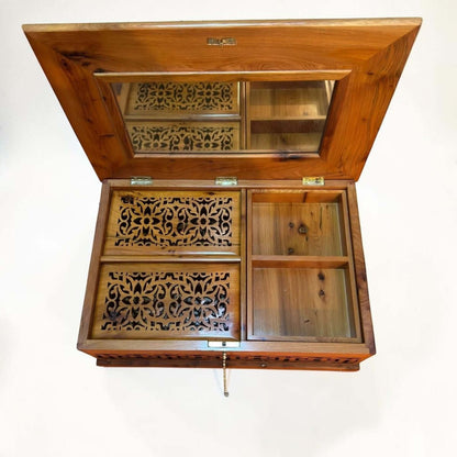 Wooden jewelry box with mirrored lid made from Moroccan Thuya burl wood