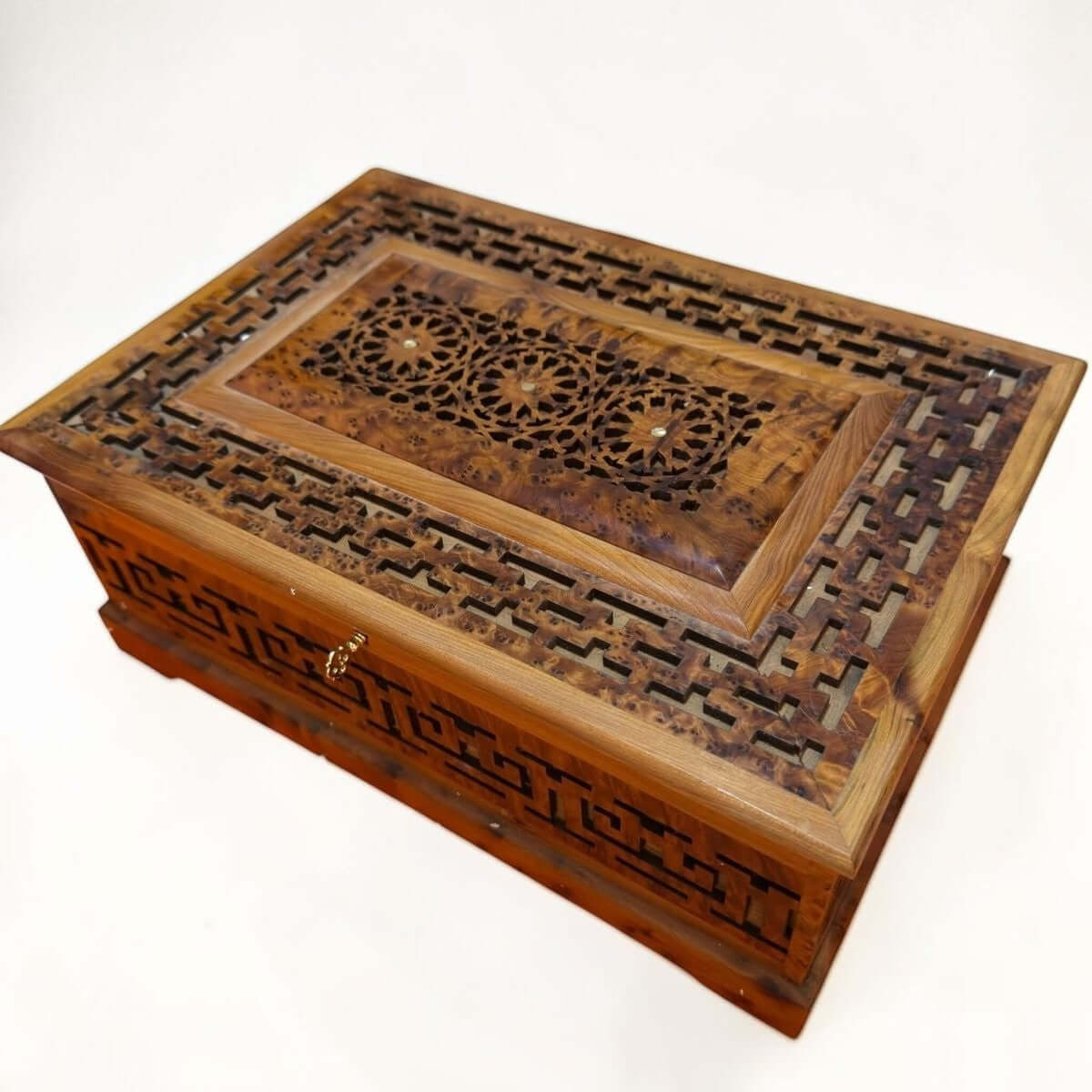 Handmade Wooden Jewelry Box – Moroccan Thuya Burl Wood Box with intricate carved top and a polished amber finish.