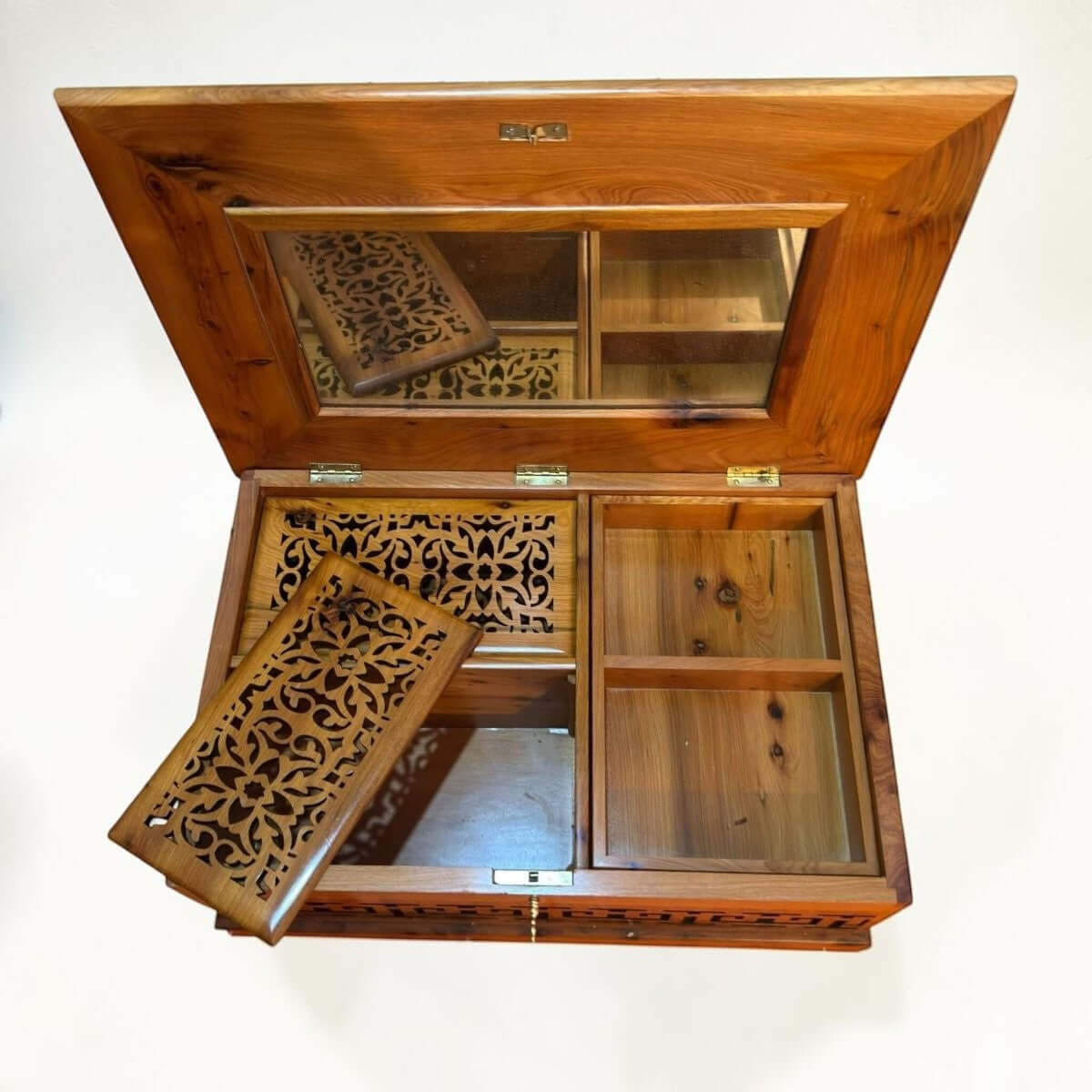 Handmade Wooden Jewelry Box – Moroccan Thuya Burl Wood Box with intricate carvings and compartments for organized storage.