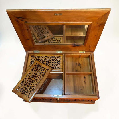 Premium wooden jewelry box with mirrored lid compartments and amber Thuya grain