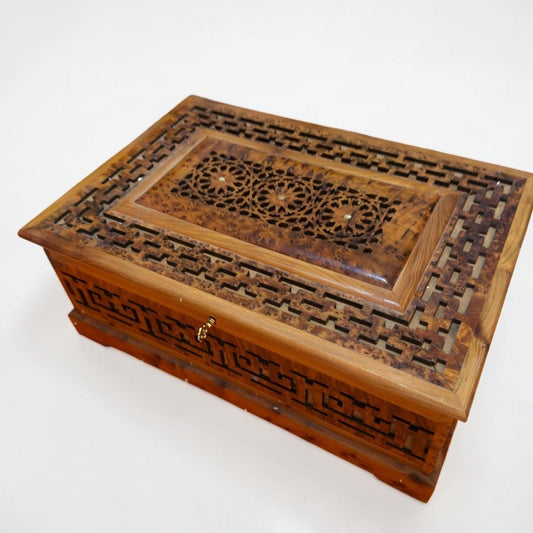 Handmade wooden jewelry box crafted from Moroccan Thuya burl wood with carved detail