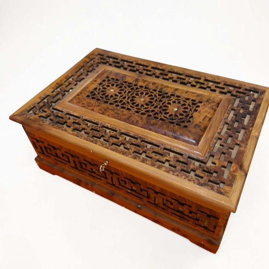 Handmade Wooden Jewelry Box – Moroccan Thuya Burl Wood Box with intricate Moroccan carvings and polished finish.