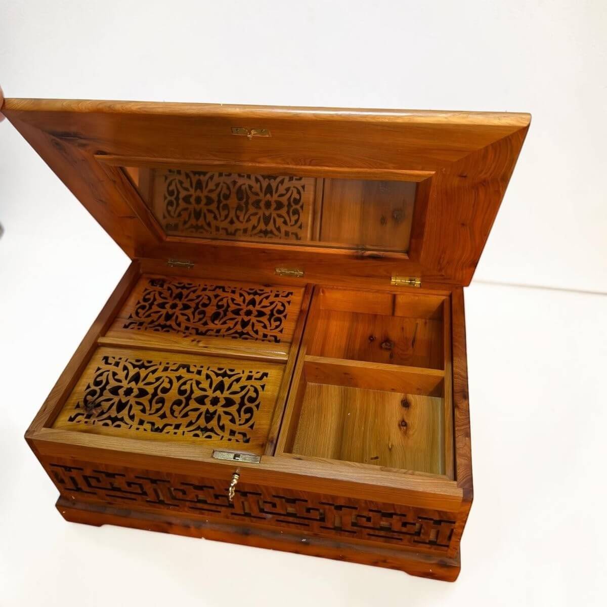 Handmade Wooden Jewelry Box – Moroccan Thuya Burl Wood Box with intricate carvings and compartments for organized storage.