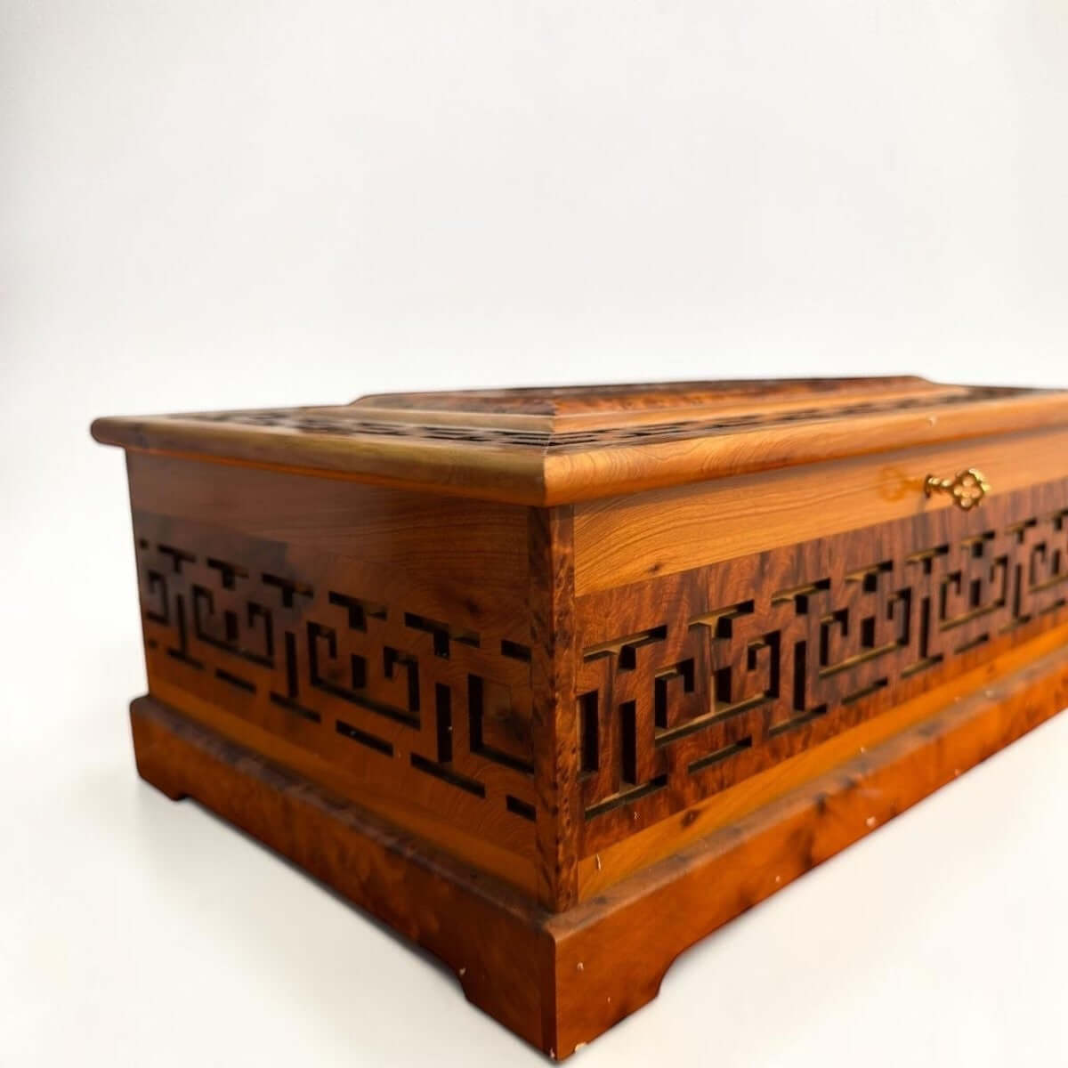 Handmade Wooden Jewelry Box – Moroccan Thuya Burl Wood Box with intricate carvings and warm amber finish.