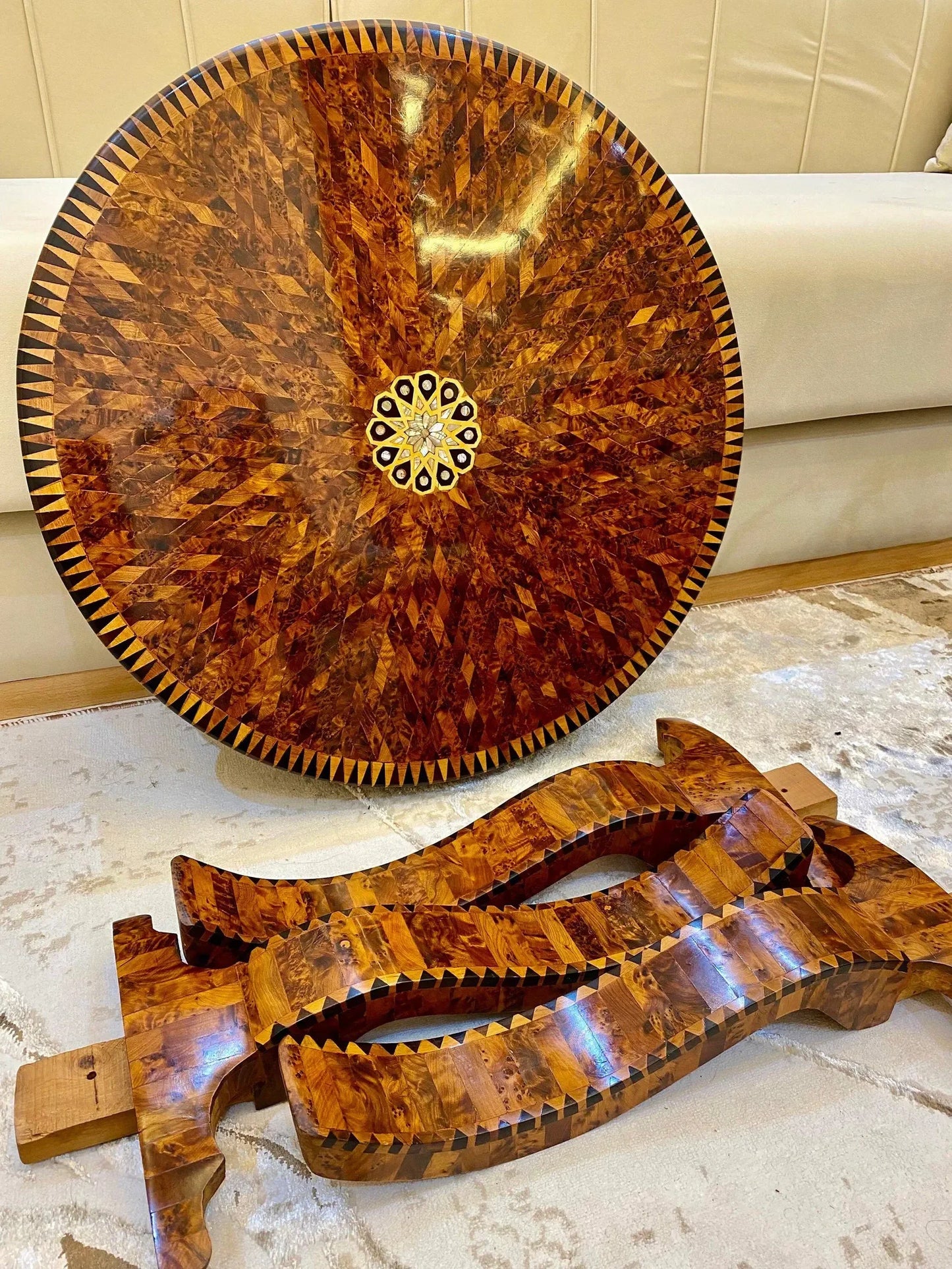 Moroccan Thuya Wood Table with Mother of Pearl Inlay - AtlasMuseCrafts