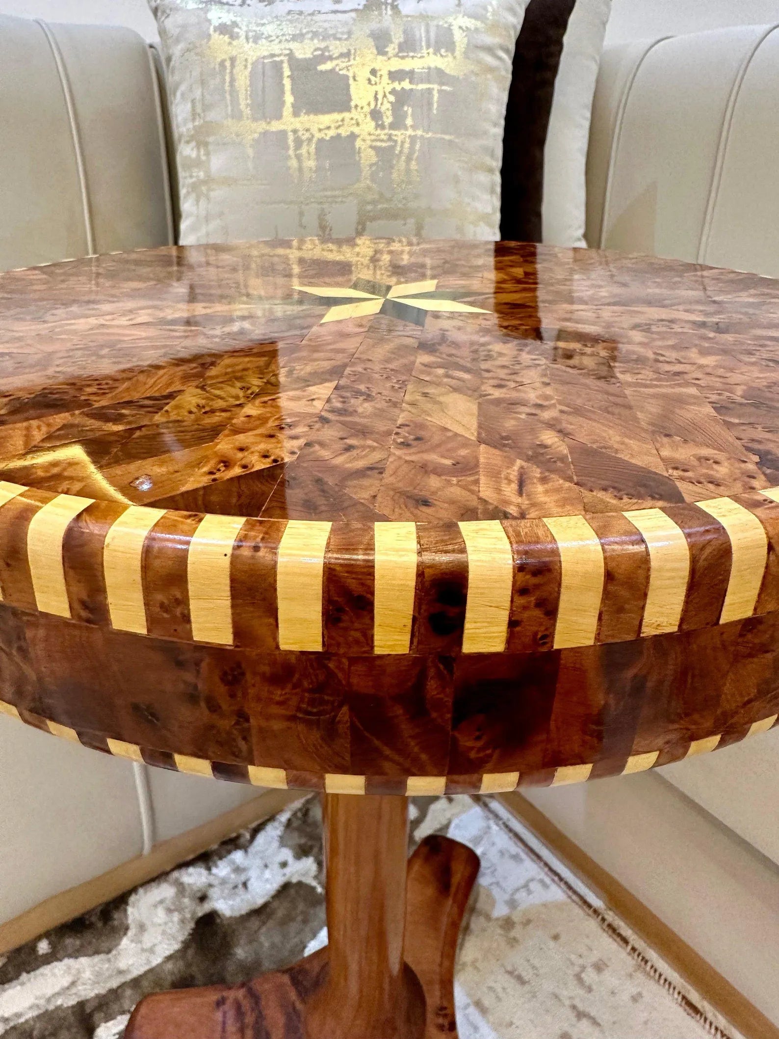 Moroccan Round Coffee Table – Lemon & Thuya Wood Inlay - AtlasMuse