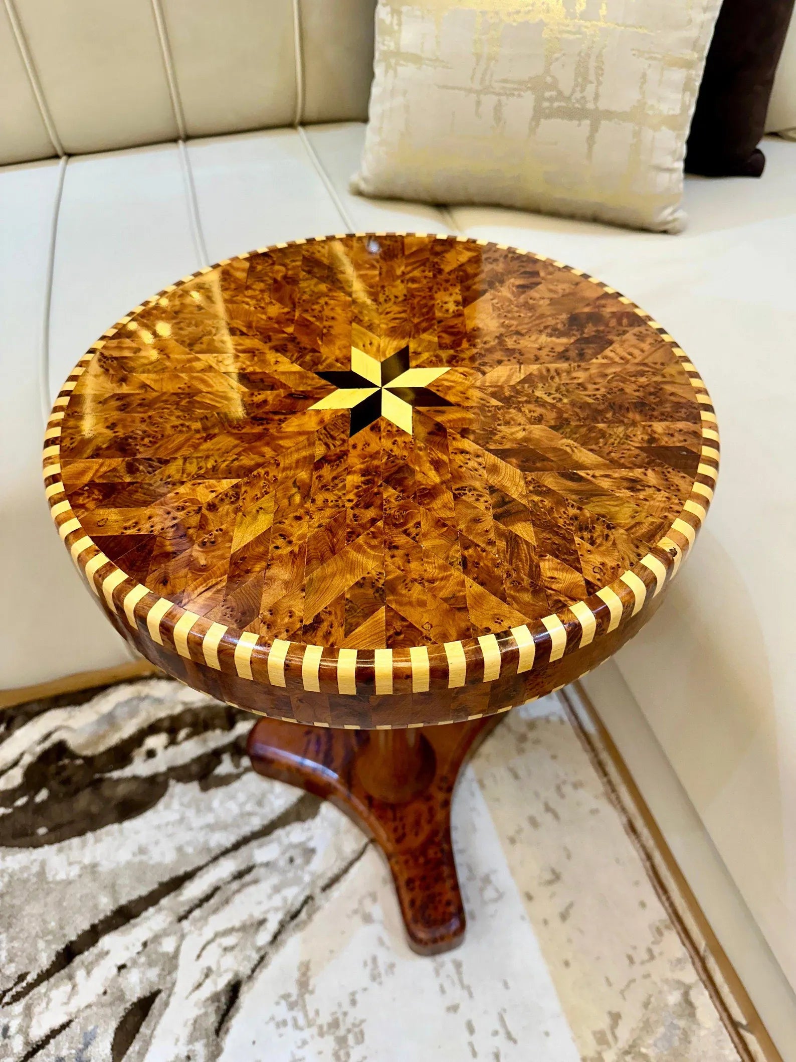 Moroccan Round Coffee Table – Lemon & Thuya Wood Inlay - AtlasMuse