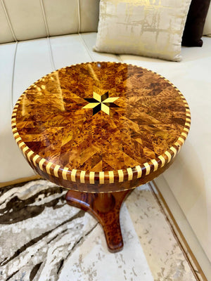Moroccan Round Coffee Table – Lemon & Thuya Wood Inlay - AtlasMuse