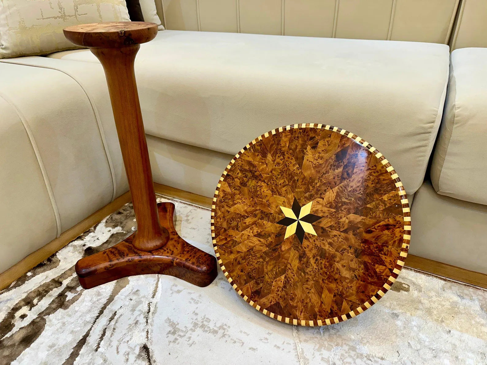 Moroccan Round Coffee Table – Lemon & Thuya Wood Inlay - AtlasMuse