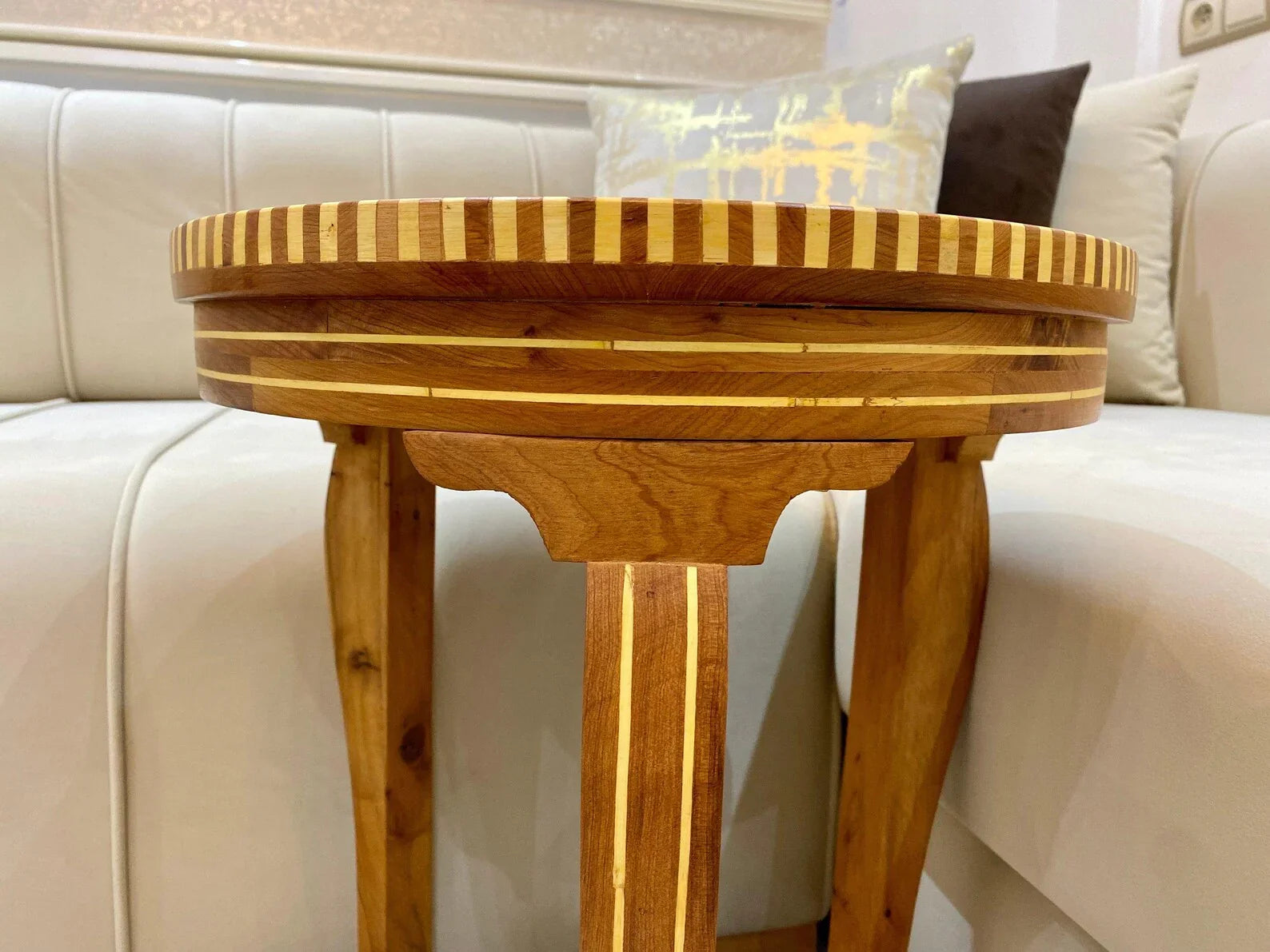 Hexagonal Thuya Wood Mosaic Table – Lemon & Walnut Inlay Coffee Table - AtlasMuseCrafts