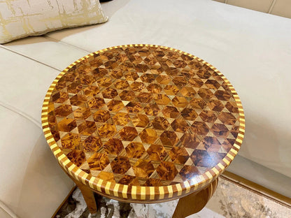 Hexagonal Thuya Wood Mosaic Table – Lemon & Walnut Inlay Coffee Table - AtlasMuseCrafts