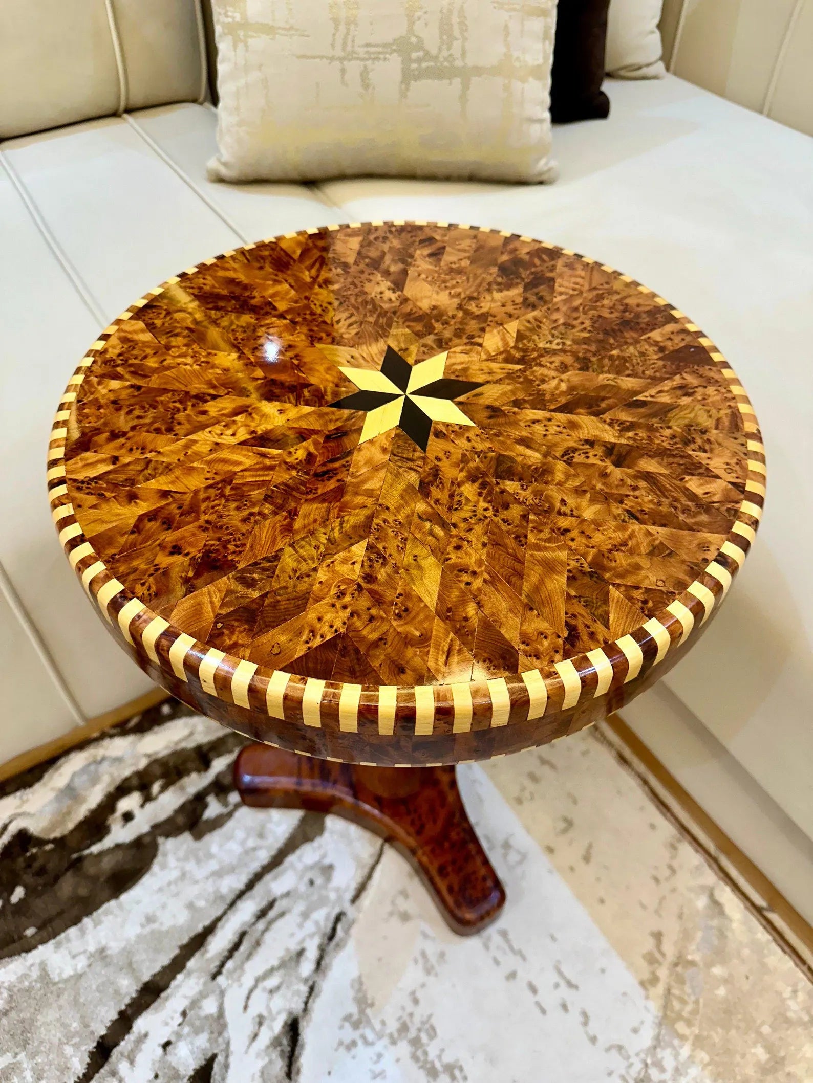 Moroccan Round Coffee Table – Lemon & Thuya Wood Inlay - AtlasMuse