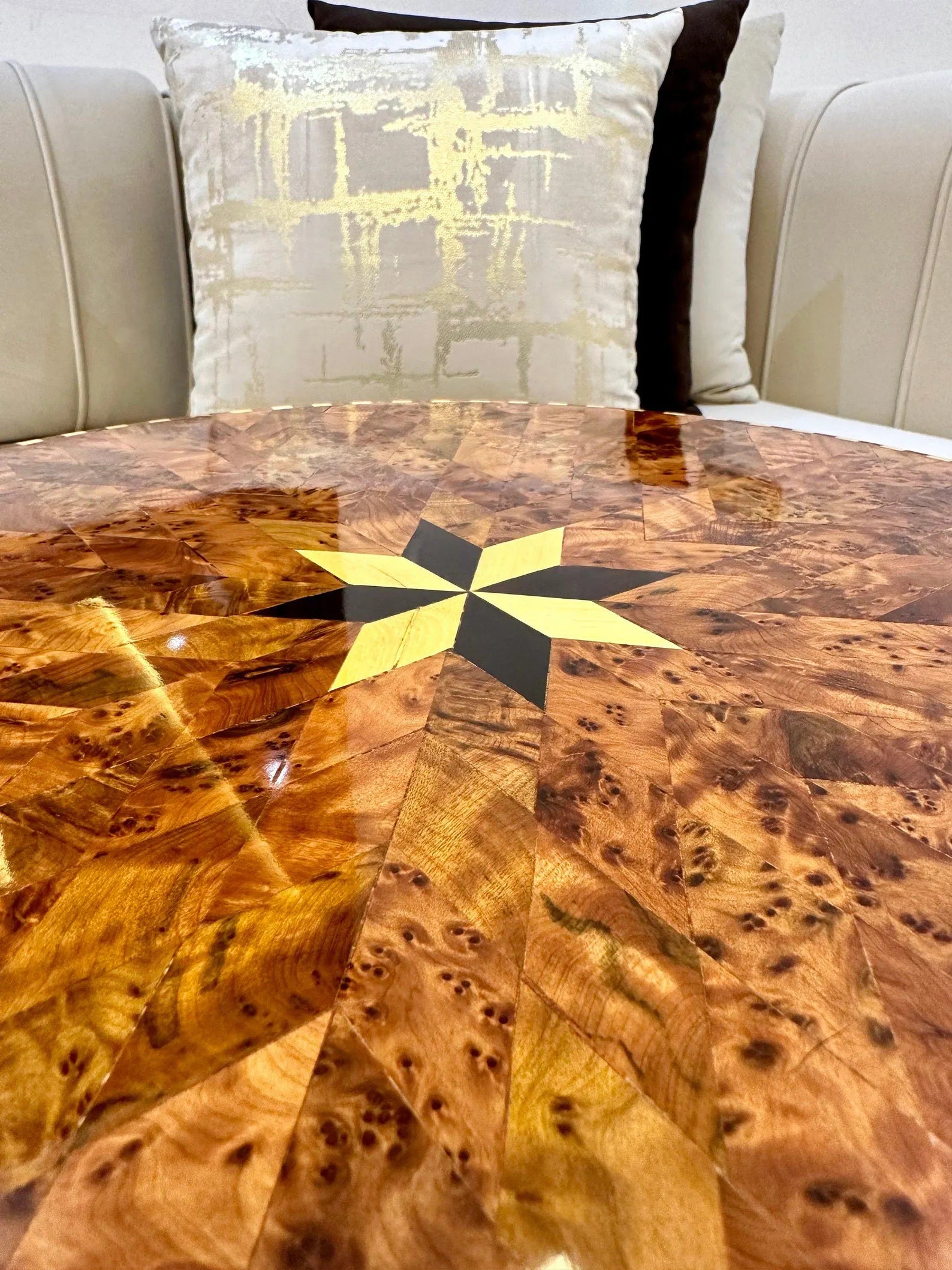Moroccan Round Coffee Table – Lemon & Thuya Wood Inlay - AtlasMuse