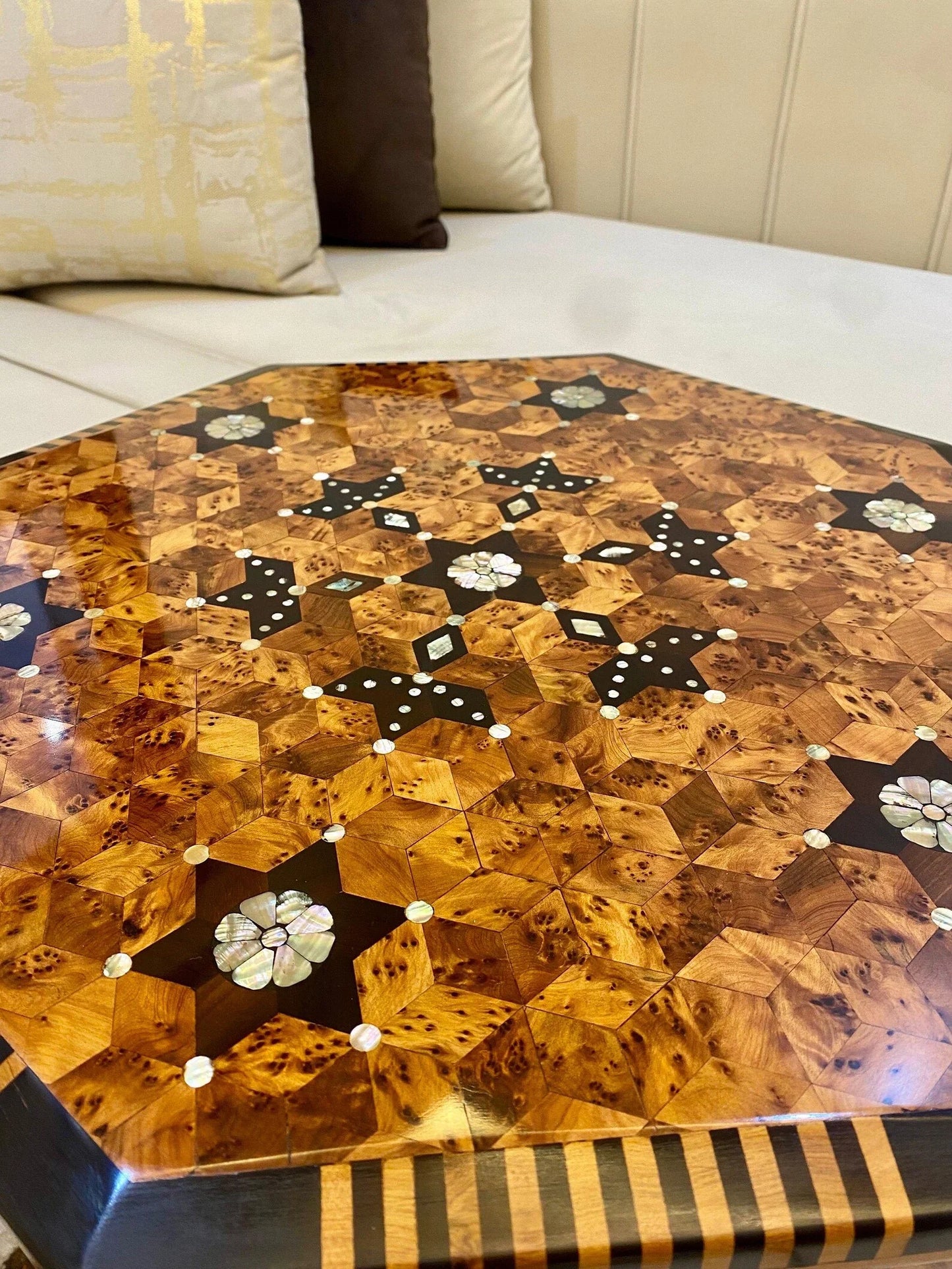 Moroccan Thuya Wood Table – Hexagonal Mosaic with Mother of Pearl Inlay - AtlasMuseCrafts