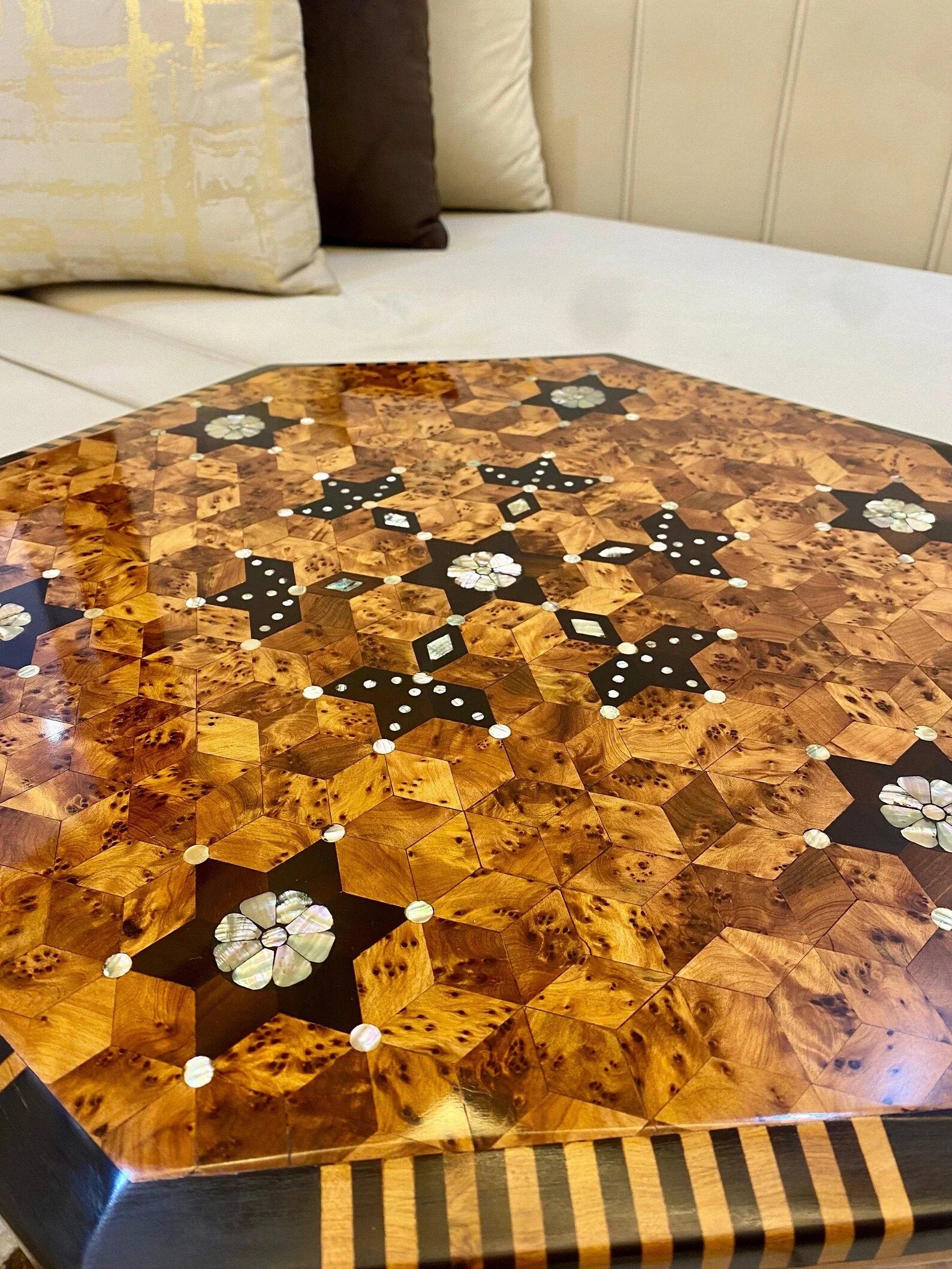 Moroccan Thuya Wood Table – Hexagonal Mosaic with Mother of Pearl Inlay - AtlasMuseCrafts