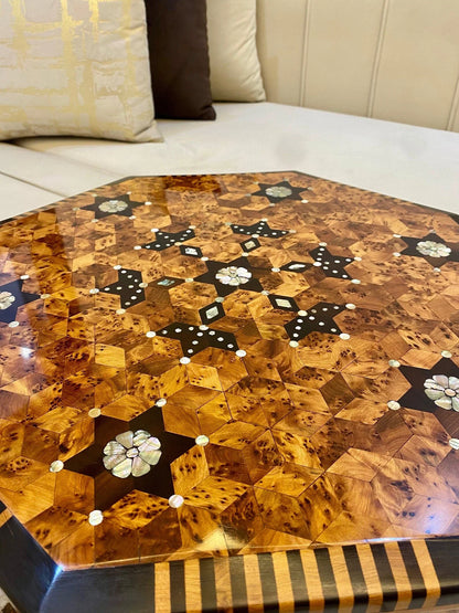 Moroccan Thuya Wood Table – Hexagonal Mosaic with Mother of Pearl Inlay - AtlasMuseCrafts