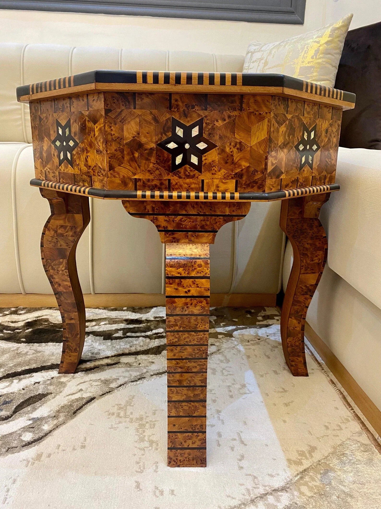 Moroccan Thuya Wood Table – Hexagonal Mosaic with Mother of Pearl Inlay - AtlasMuseCrafts