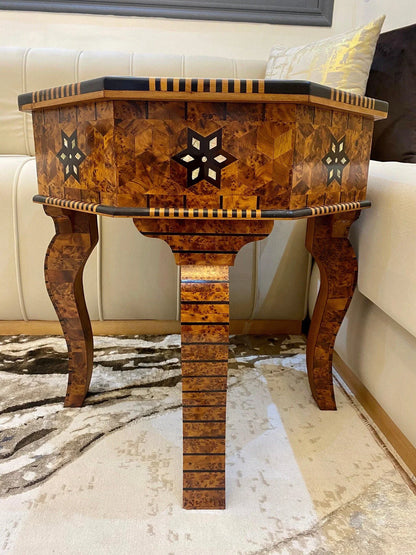 Moroccan Thuya Wood Table – Hexagonal Mosaic with Mother of Pearl Inlay - AtlasMuseCrafts