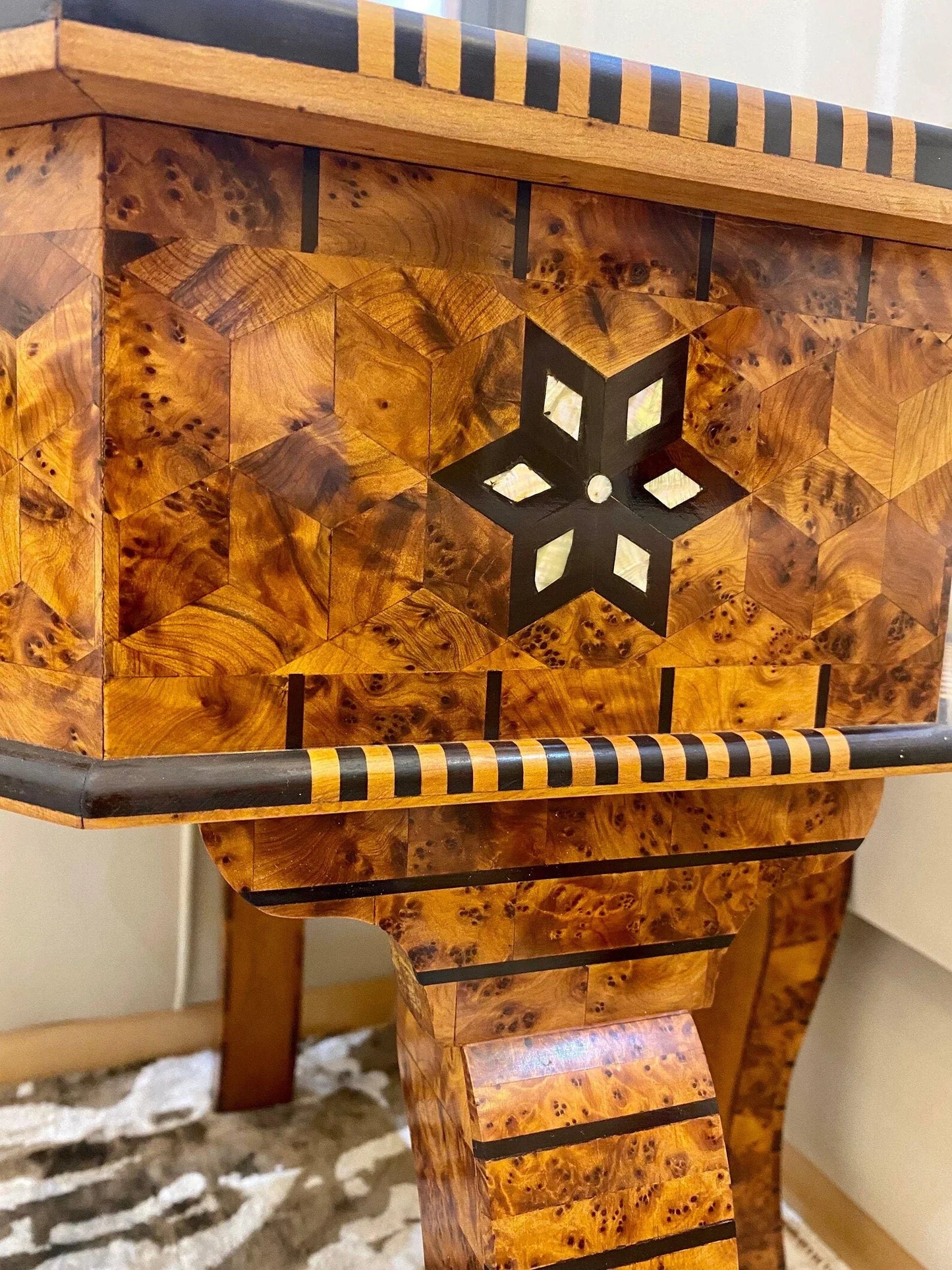 Moroccan Thuya Wood Table – Hexagonal Mosaic with Mother of Pearl Inlay - AtlasMuseCrafts