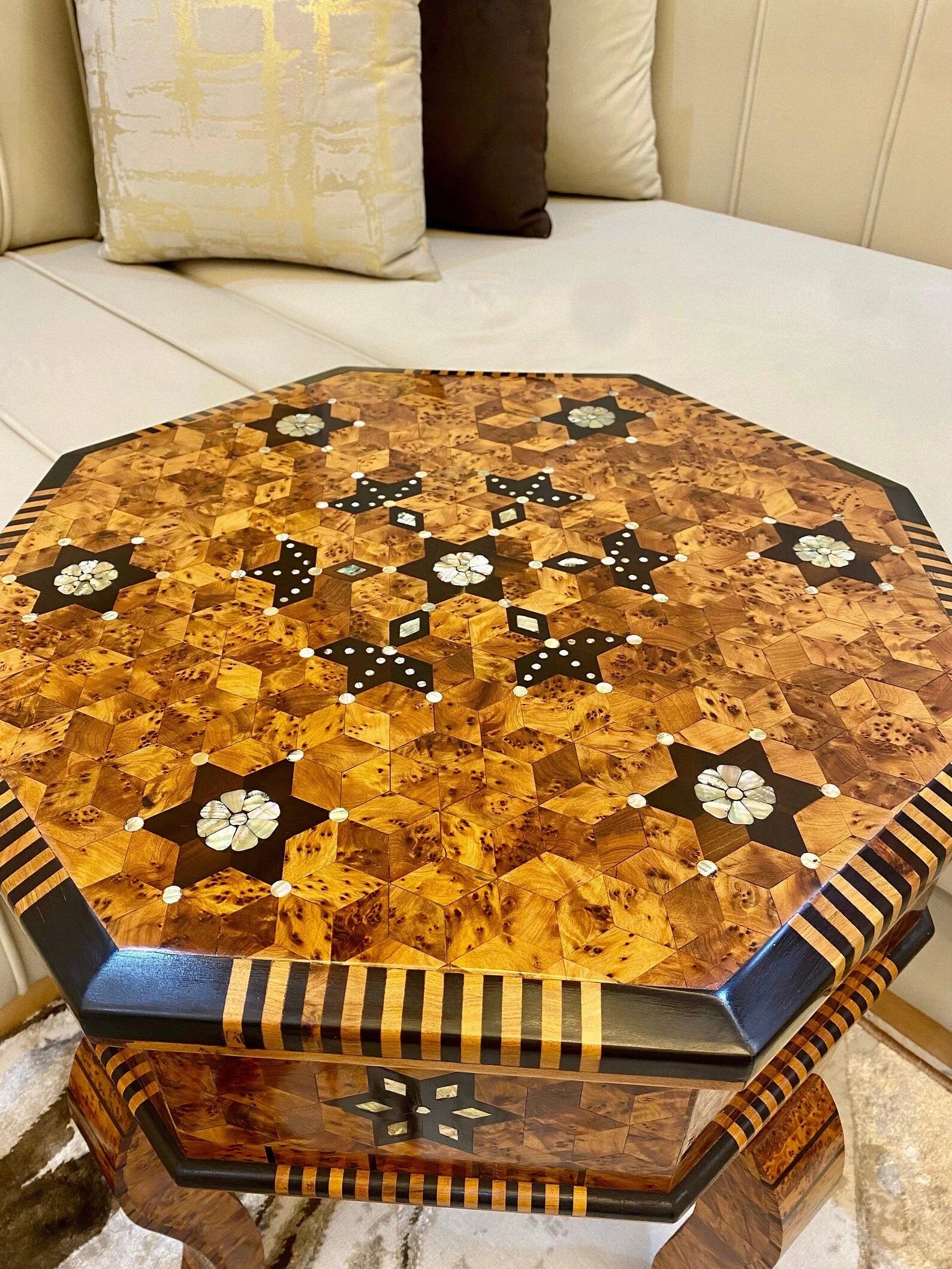 Moroccan Thuya Wood Table – Hexagonal Mosaic with Mother of Pearl Inlay - AtlasMuseCrafts