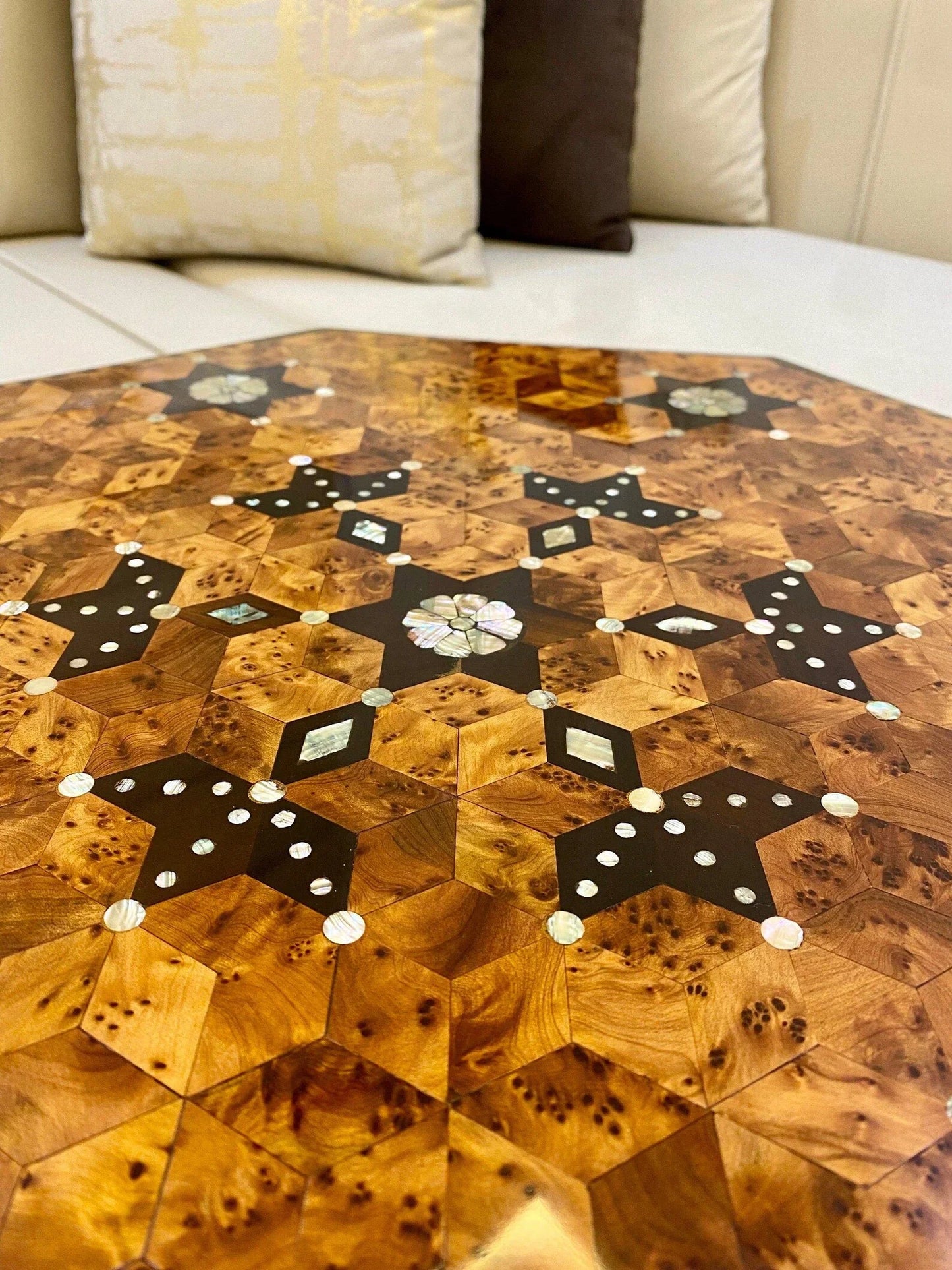 Moroccan Thuya Wood Table – Hexagonal Mosaic with Mother of Pearl Inlay - AtlasMuseCrafts