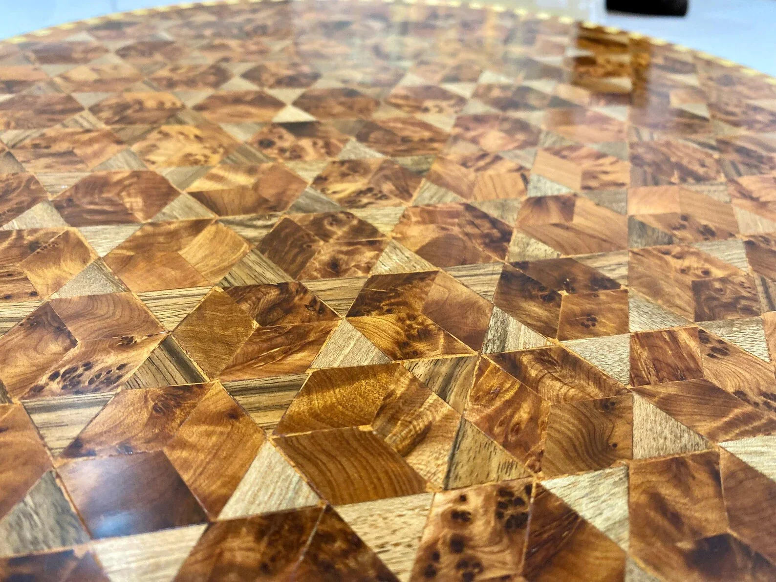 Hexagonal Thuya Wood Mosaic Table – Lemon & Walnut Inlay Coffee Table - AtlasMuseCrafts