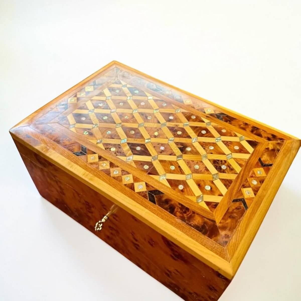 Intricately designed Jewelry Keepsake Box Organizer – Handmade Moroccan Thuya Box featuring unique Thuya burl wood.