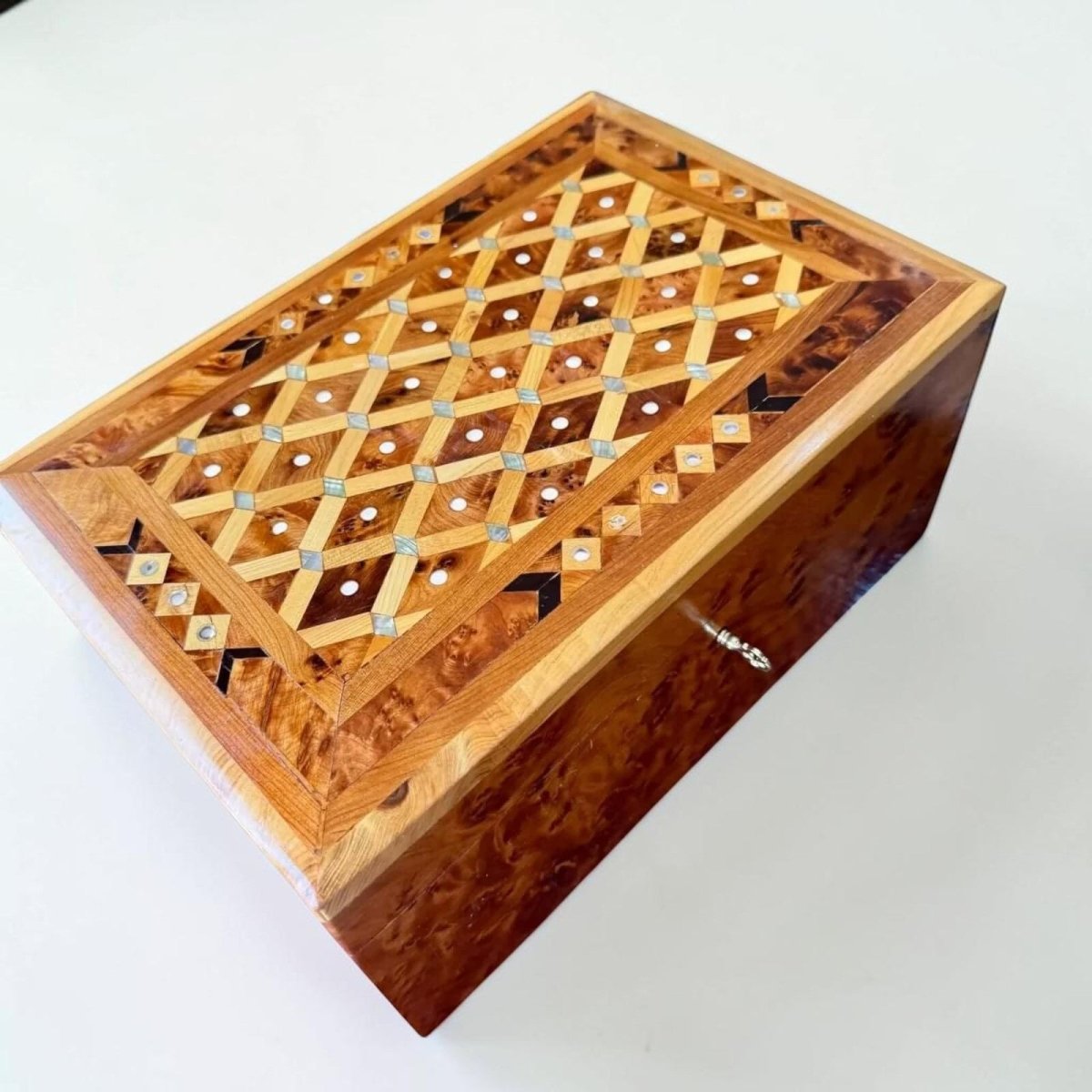 Moroccan Thuya jewelry keepsake box with geometric inlay and brass lock