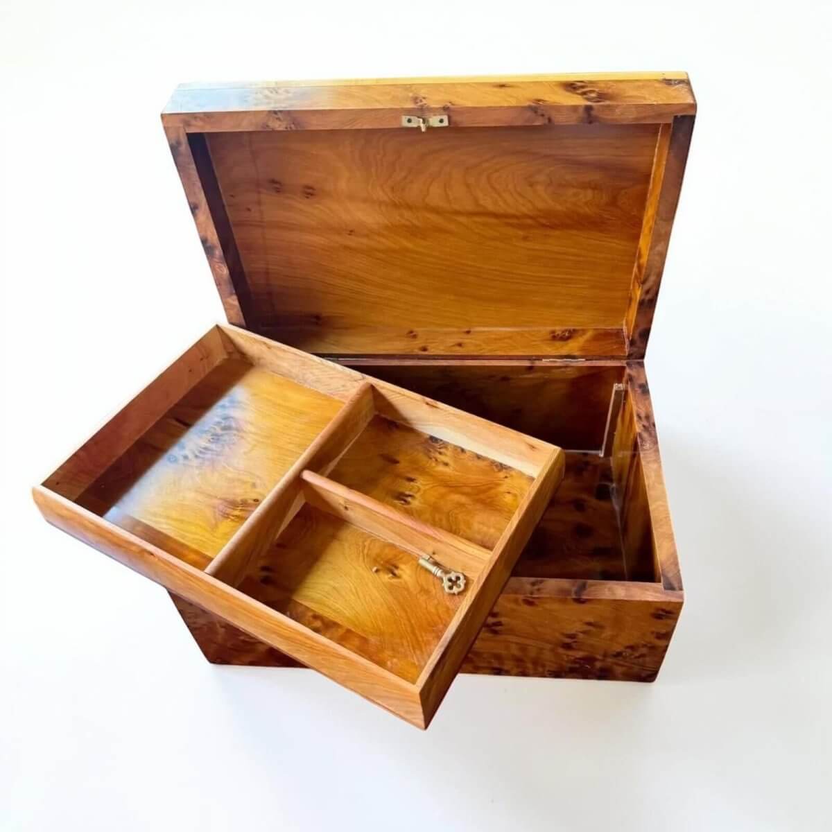 Jewelry Keepsake Box Organizer – Handmade Moroccan Thuya Box, showcasing the interior compartments of Thuya burl wood.