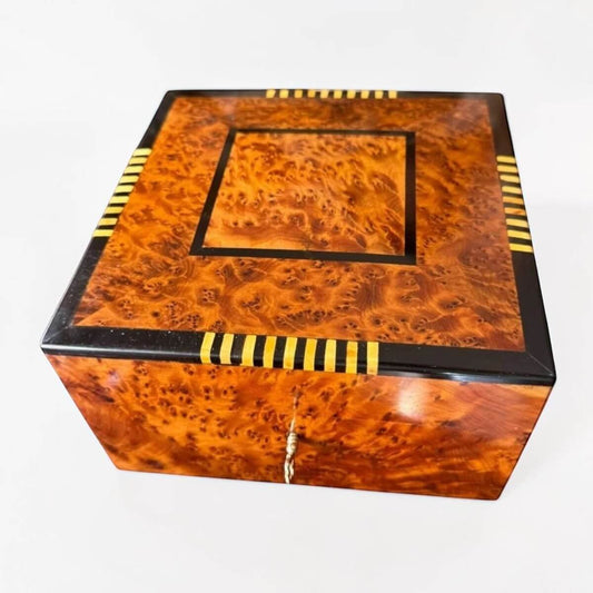 Wooden Jewelry Box Organizer – Moroccan Thuya Burl crafted from exquisite Thuya burl wood with elegant black and yellow inlays.