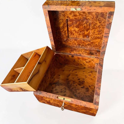 Wooden Jewelry Box Organizer – Moroccan Thuya Burl with divided sections for watches and jewelry storage.
