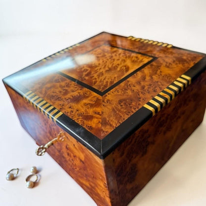 Handmade Moroccan wooden jewelry box organizer with polished burl grain