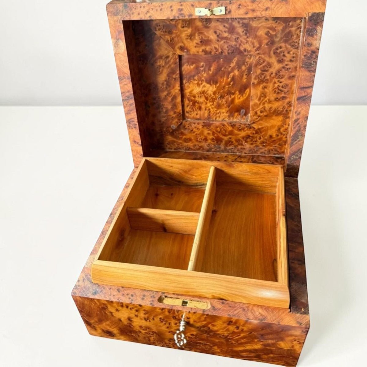 Handmade jewelry organizer box crafted from natural Moroccan Thuya burl wood