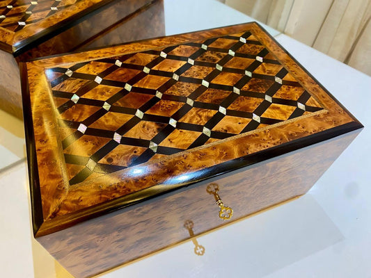 Moroccan Thuya Jewelry Box Lockable Organizer with Key Keepsake Box - AtlasMuseCrafts