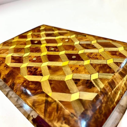 AtlasMuseCrafts ladies wooden jewelry box crafted from Thuya burl wood with intricate geometric inlay and brass lock detail.