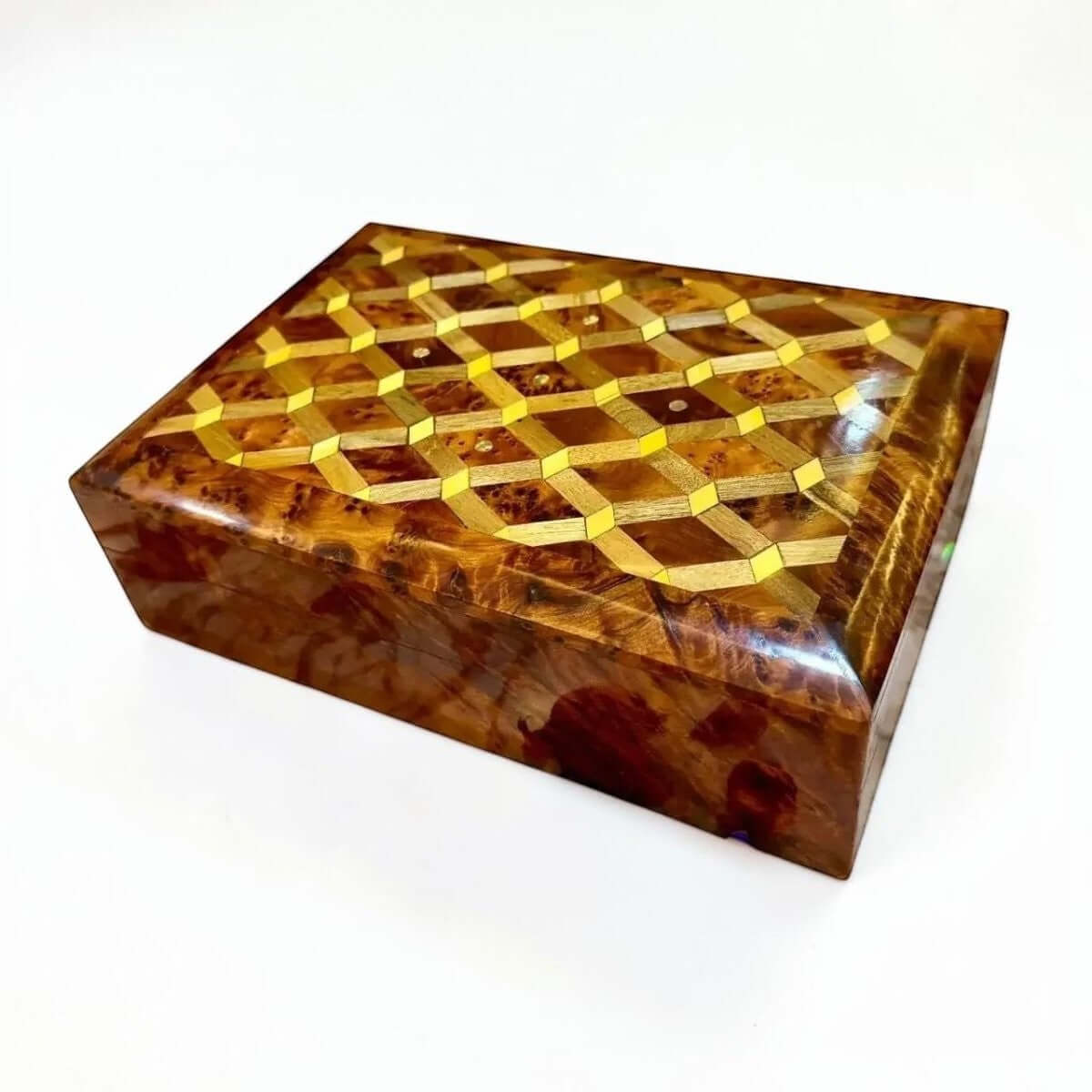 Ladies Wooden Jewelry Box crafted from Thuya burl wood with intricate geometric inlay design.