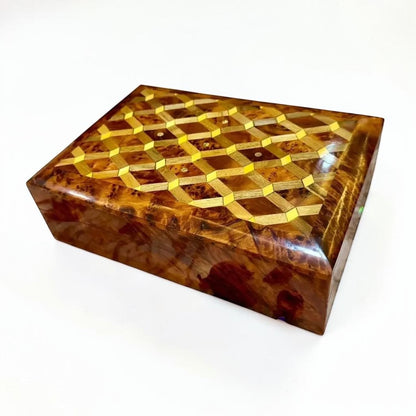 AtlasMuseCrafts ladies wooden jewelry box crafted from Thuya burl wood with inlaid geometric pattern and brass lock. Ideal for women's rings, earrings, and necklaces.