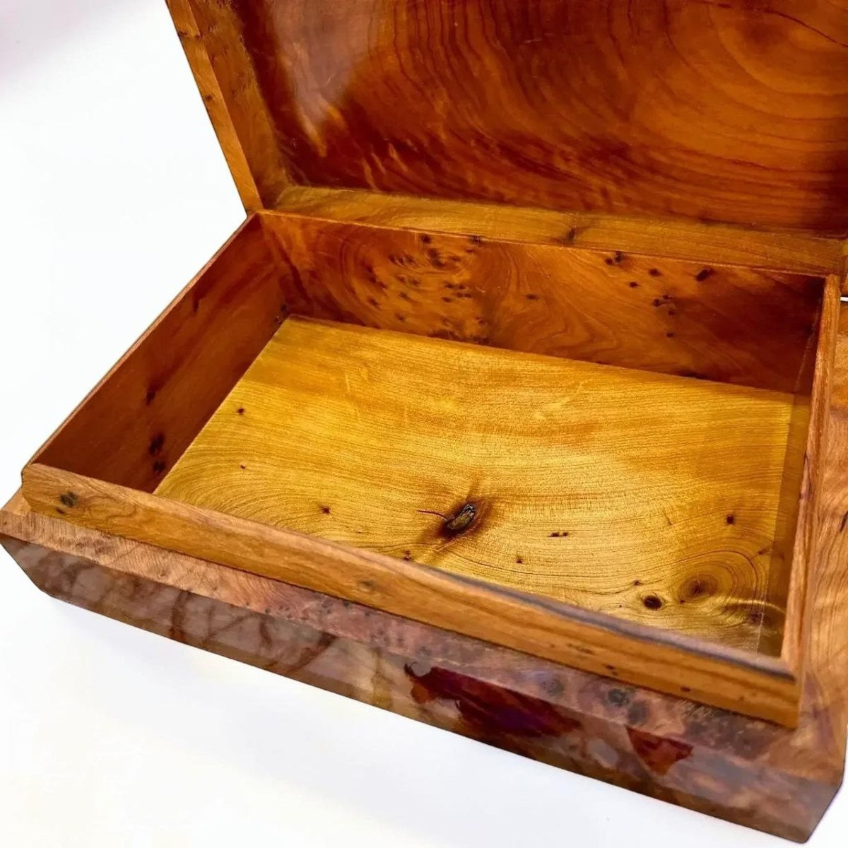 AtlasMuseCrafts ladies wooden jewelry box made from Thuya burl wood with a warm amber glow and natural swirling grain.