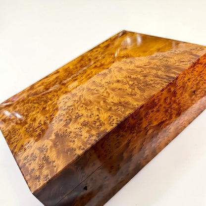 Large Moroccan Thuya jewelry box with key detail and polished finish