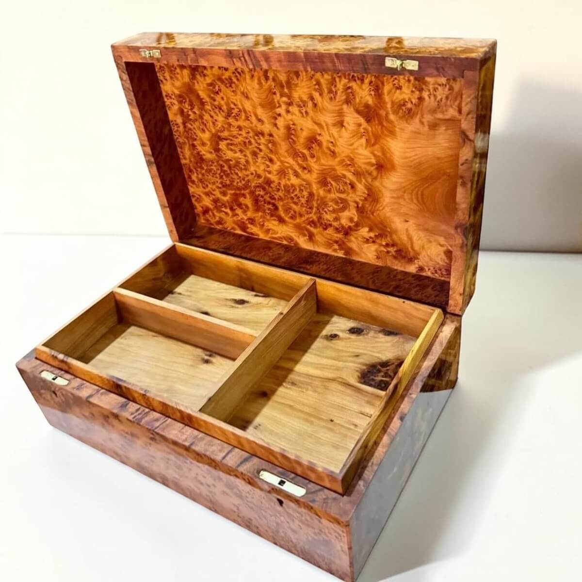 Open Large Jewelry Box Organizer with Lock – Moroccan Thuya, made from Thuya burl wood, featuring spacious divided compartments.