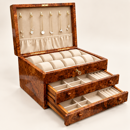 Luxury Thuya Burl Wood Jewelry Box & Watch Box with Drawers